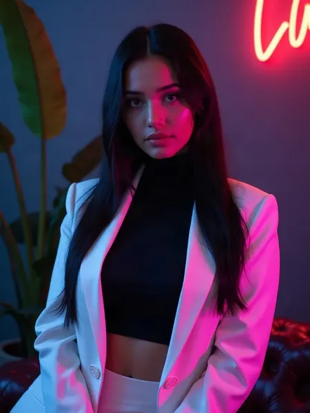 DreamGF: met AI gegenereerde illustratie, vrouw met lang zwart haar in een witte blazer, in een minimalistische loft met planten
