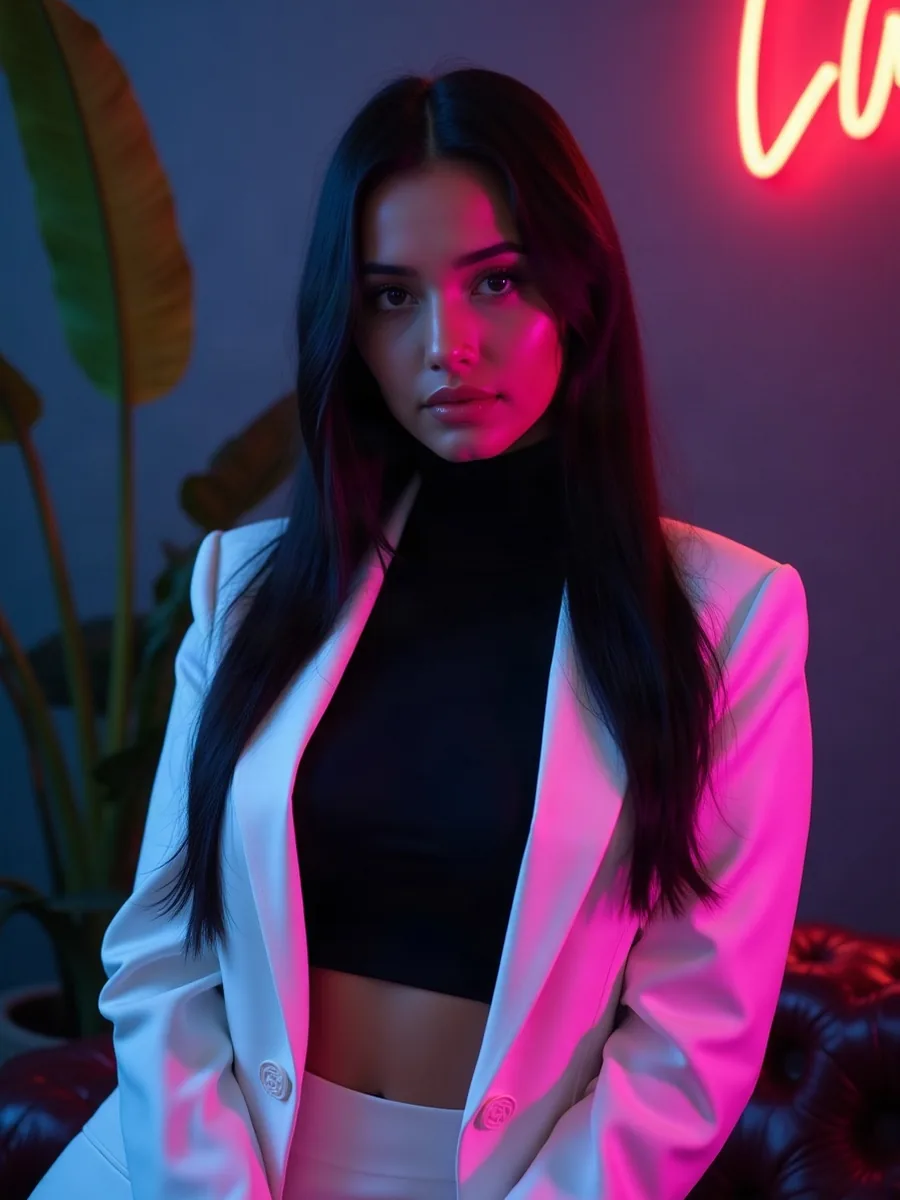 DreamGF: met AI gegenereerde illustratie, vrouw met lang zwart haar in een witte blazer, in een minimalistische loft met planten