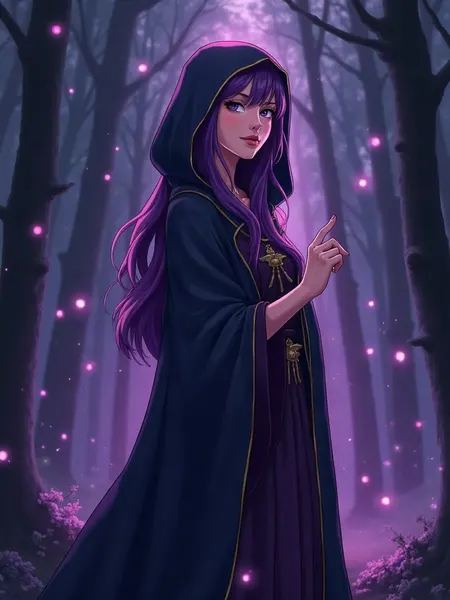 FantasyGF: met AI gegenereerde illustratie, tovenares in animestijl met lang paars haar in een donkere jurk met capuchon, in een bos met lichtgevende bollen