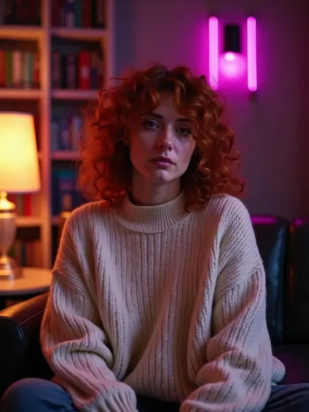 GirlfriendGPT: met AI gegenereerde illustratie, vrouw met rood krullend haar in een dikke crèmekleurige trui, in een bibliotheek met warme lampen