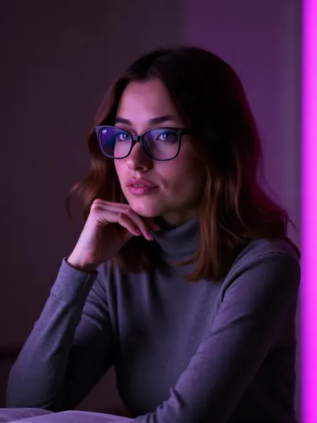 Nomi AI: met AI gegenereerde illustratie, vrouw met halflang bruin haar en een bril in een grijze coltrui, in een leeshoek