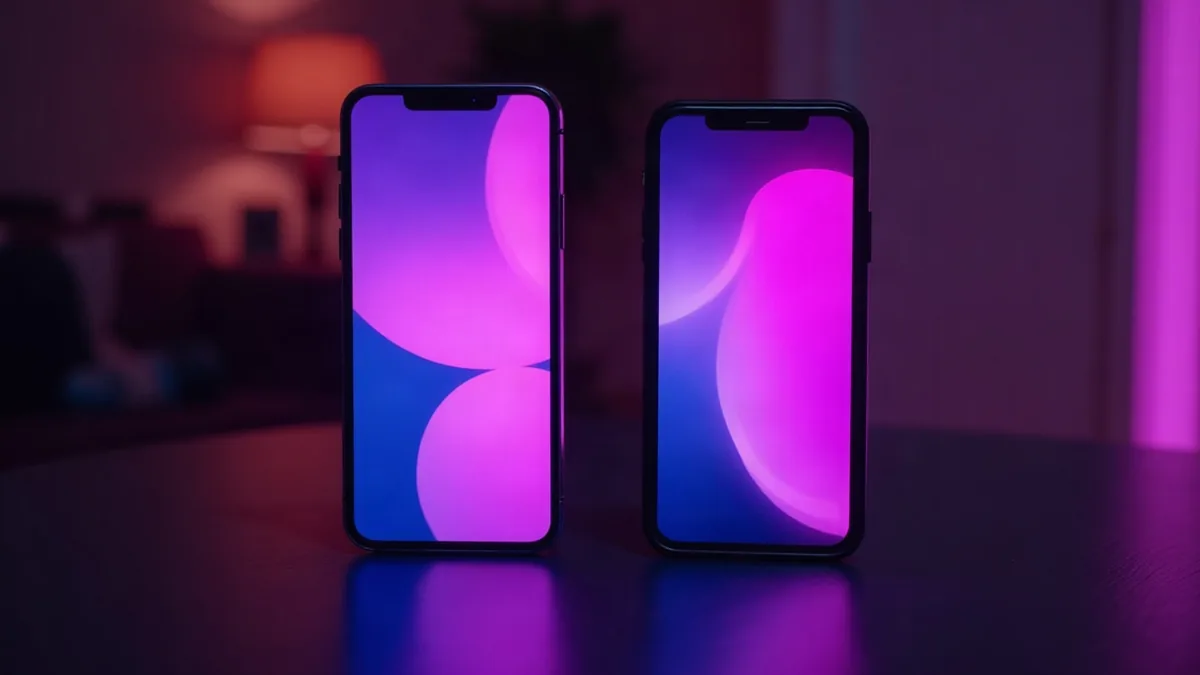 Twee smartphones naast elkaar op een donkere tafel, paarse schermen (illustratie bij het artikel)