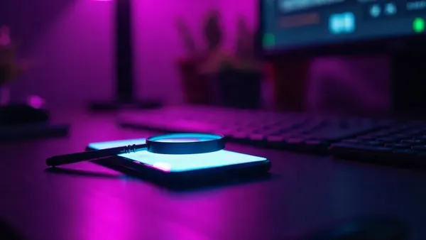 Vergrootglas op een oplichtende smartphone, op een donker bureau in paars licht (illustratie bij het artikel)
