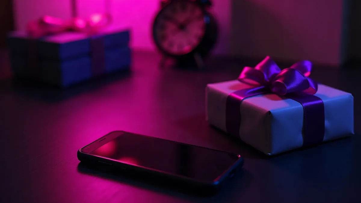 Smartphone naast een klein cadeautje met paars lint, op een donker bureau (illustratie bij het artikel)