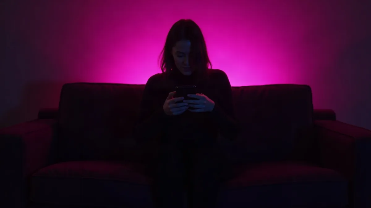 Silhouet op de rug gezien op een bank met een telefoon, in een donkere kamer met magenta gloed (illustratie bij het artikel)