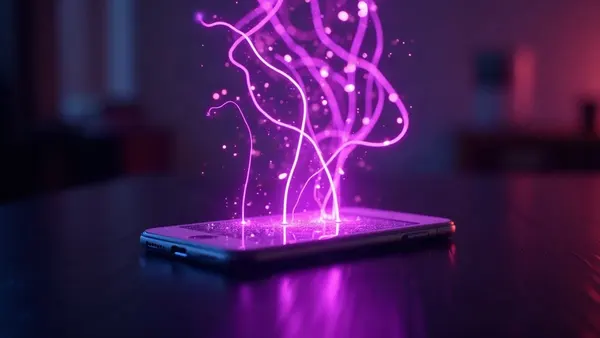 Oplichtende lijnen van een neuraal netwerk die boven een smartphone zweven (illustratie bij het artikel)