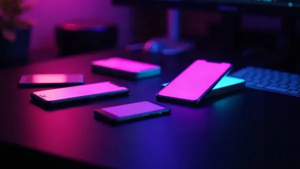 Oplichtende smartphones in een waaier op een donker bureau, één uitgelicht (illustratie bij het artikel)