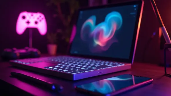 Donker creatief bureau met laptop, smartphone en een oplichtende roze controller (illustratie bij het artikel)