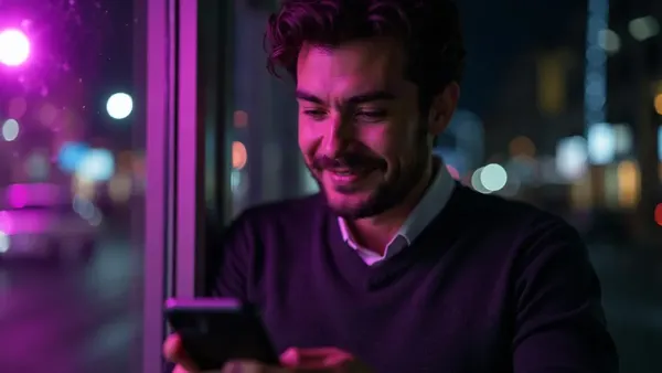 Donkerharige man in een antraciet trui die glimlacht naar zijn telefoon voor een raam bij nacht (illustratie bij het artikel)