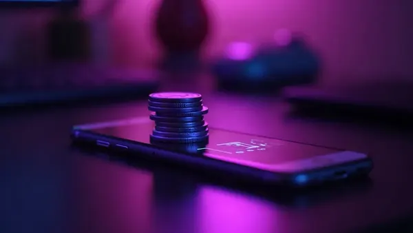 Stapel oplichtende paarse tokens naast een smartphone op een donker bureau (illustratie bij het artikel)