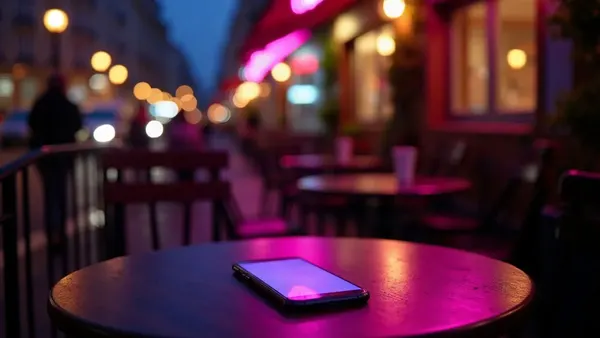 Caféterras bij nacht met een oplichtende smartphone, wazige straatlantaarns (illustratie bij het artikel)