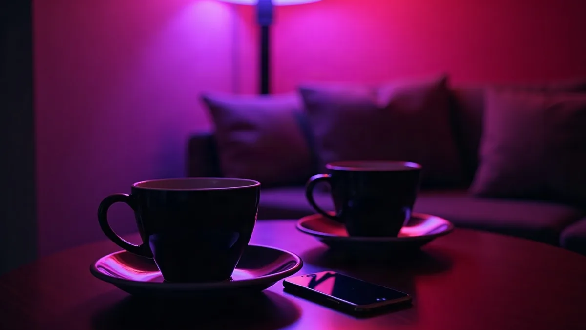 Twee koffiekopjes en twee telefoons op een tafel, warm en paars licht (illustratie bij het artikel)