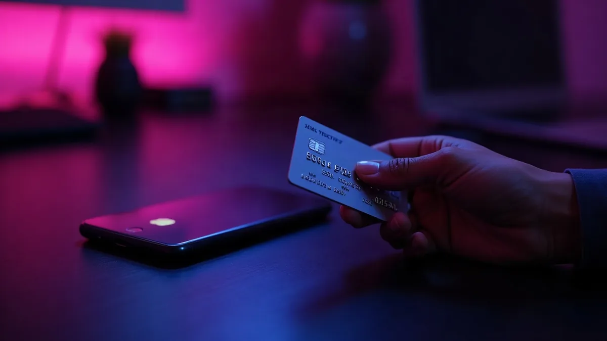 Hand met een bankpas naast een telefoon, paars licht (illustratie bij het artikel)