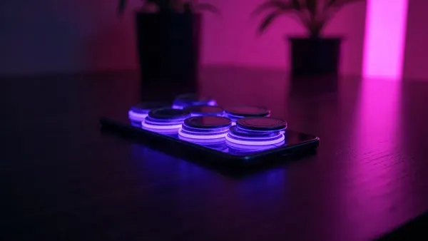 Smartphone en een paar oplichtende paarse munten op een donker houten bureau (illustratie bij het artikel)