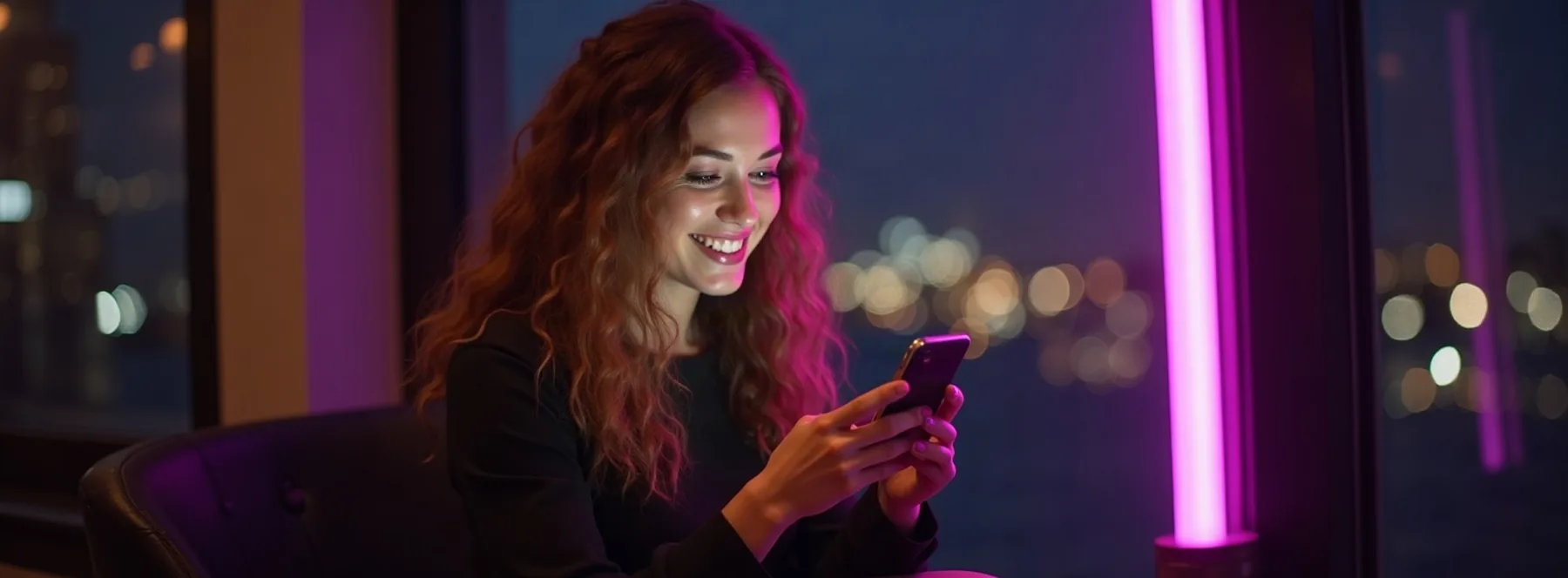 Femme aux cheveux châtains souriant à son téléphone près d’une fenêtre, la nuit