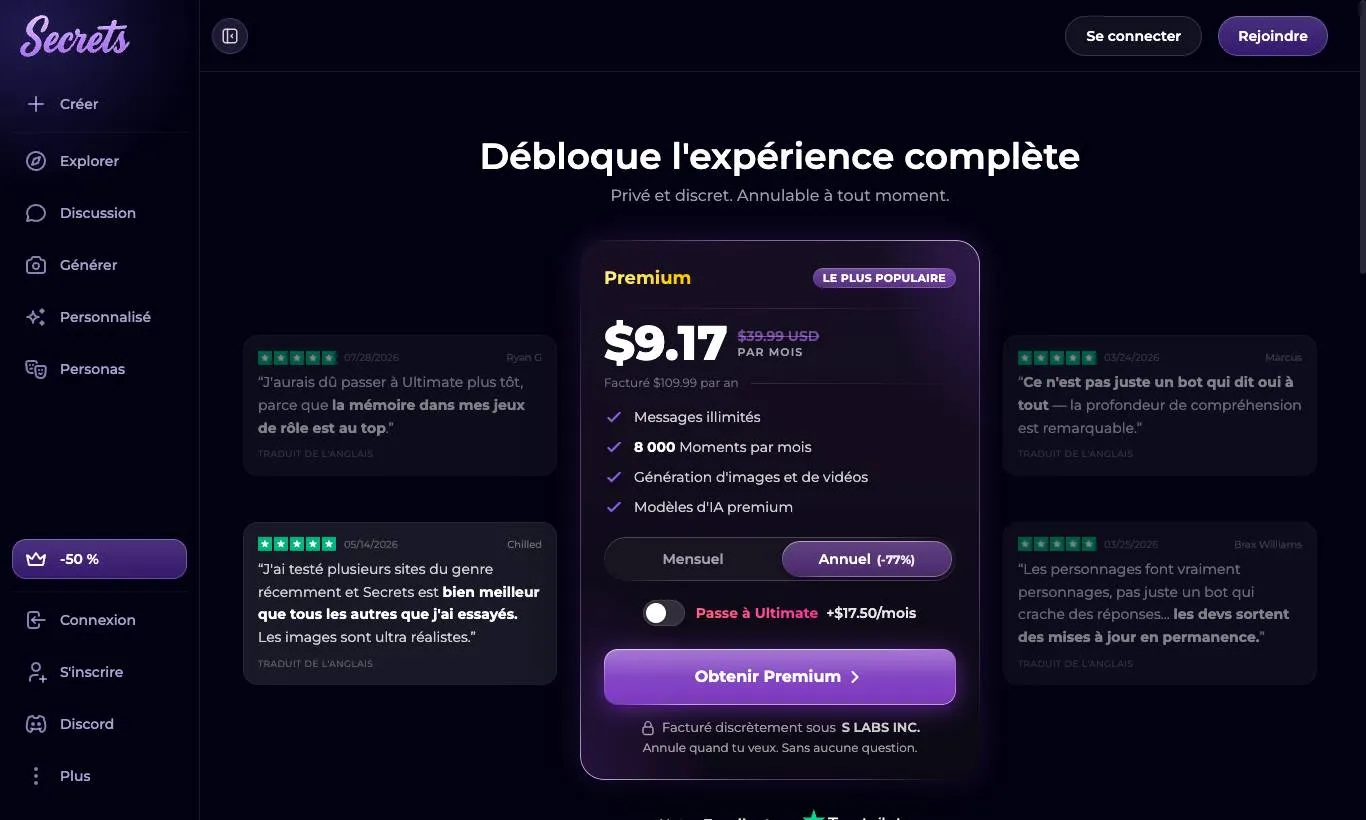 Screenshot van de officiële abonnementspagina van Secrets AI, vastgelegd op 30-09-2026
